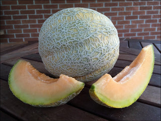 Pride of Wisconsin melon sliced open to reveal its orange flesh