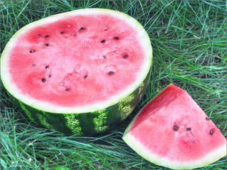 Sweet Dakota Rose watermelon halved on the grass, showing its pink flesh